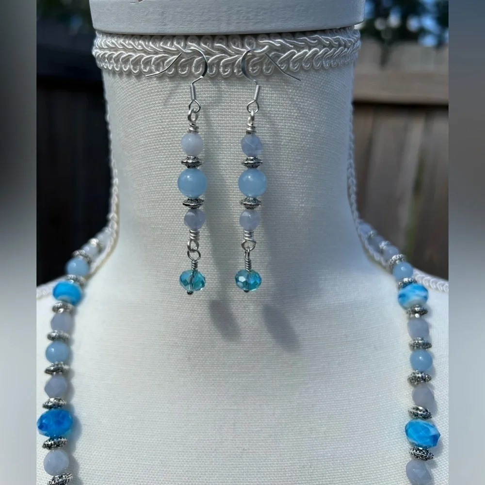 Aquamarine, Vintage Glass,‎ Vintage Māori Hook and Silver Necklace Set